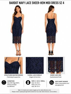 BARDOT NAVY LACE SHEER-HEM MIDI DRESS SZ 4